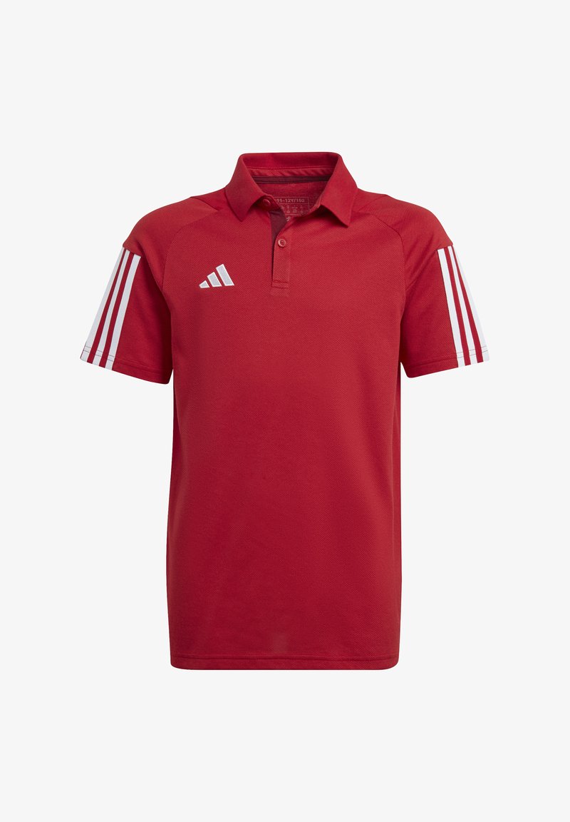 Rotes Polohemd aus atmungsaktivem Stoff, mit Kragen, Knopfleiste mit drei Knöpfen und weißen Dreistrich-Akzenten an den Ärmeln.
