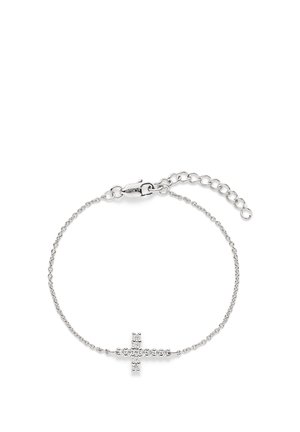 Fin sølvkædearmbånd med et vandret korsvedhæng udsmykket med små funklende krystaller og justerbar lukning.