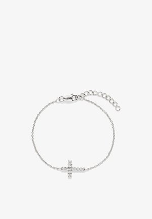 Fin sølvkædearmbånd med et vandret korsvedhæng udsmykket med små funklende krystaller og justerbar lukning.