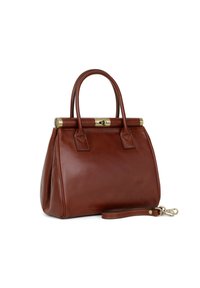 Brązowa skórzana torebka o zdefiniowanym kształcie, z podwójnymi uchwytami u góry, odpinanym paskiem i szczegółowym zapięciem w kolorze złotym.