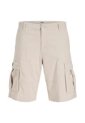 Beige cargo shorts laget av bomullsblanding, med sidelommer, knappelukking og rett snitt med sømdetaljer.