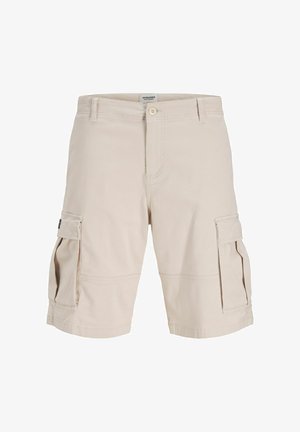 Beige cargo shorts laget av bomullsblanding, med sidelommer, knappelukking og rett snitt med sømdetaljer.