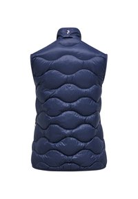 Tamno plavi softshell prsluk s visokim ovratnikom, kviltanom u obliku valova i bočnim patentnim zatvaračima. Glatki, lagani materijal s sjajnom površinom.