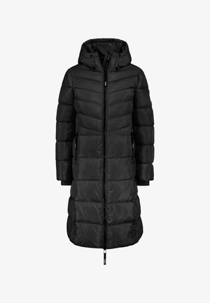 Zwarte geïsoleerde pufferjack met capuchon, met een ritssluiting aan de voorkant, zijzakken en geribde manchetten. Gequilte textuur met een chevronpatroon.