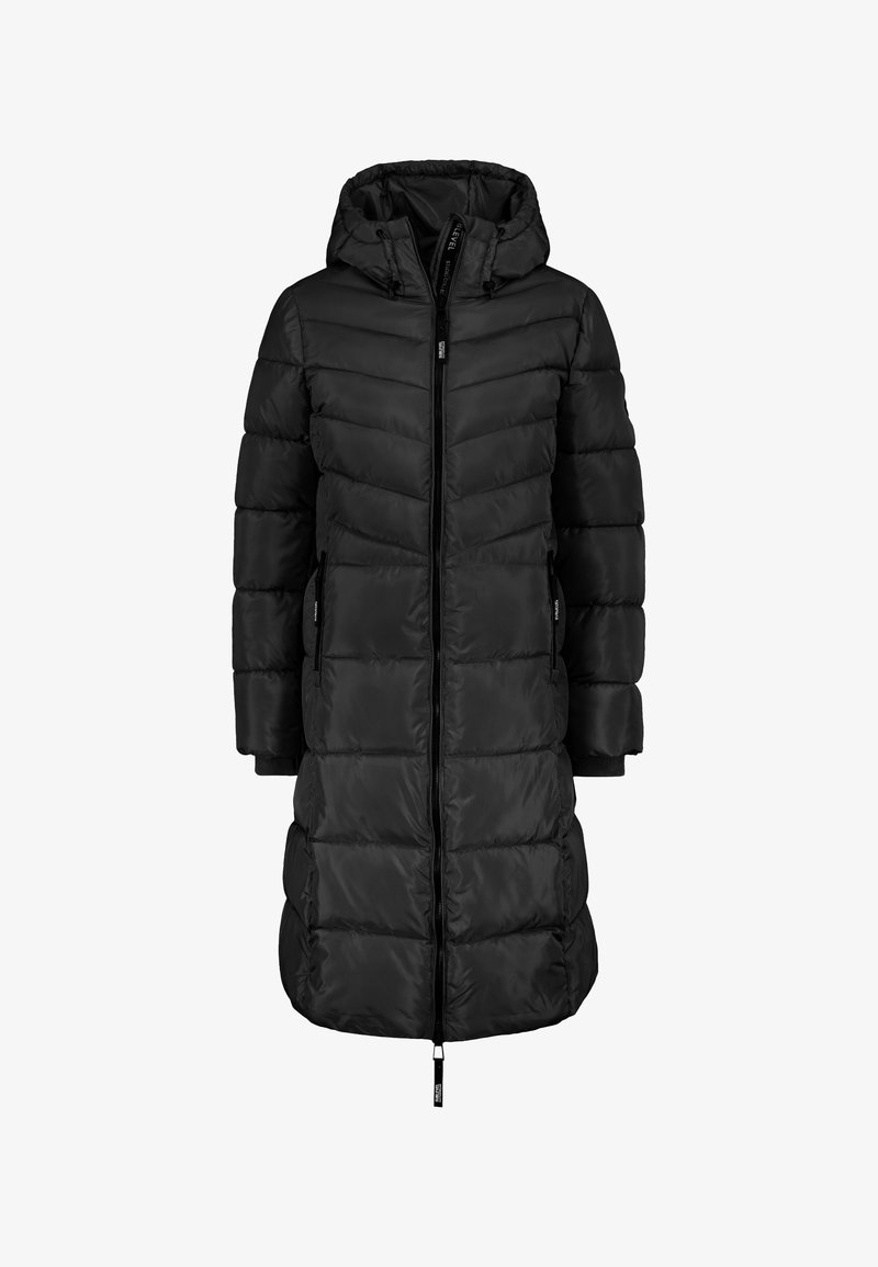 Zwarte geïsoleerde pufferjack met capuchon, met een ritssluiting aan de voorkant, zijzakken en geribde manchetten. Gequilte textuur met een chevronpatroon.