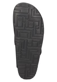 Schwarze Gummisandalen-Sohle mit strukturiertem Muster, das Rillen und kreisförmige Designs aufweist und mit "BRINKMANN" auf der Oberfläche gekennzeichnet ist.