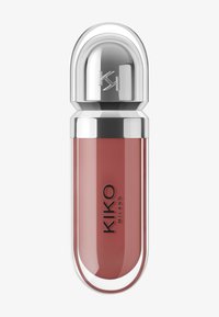 Lip gloss tube with metallic silver rounded cap and transparent lower container showing mauve-pink gloss, labeled "KIKO MILANO."
