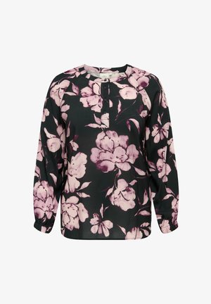 Gėlių raštų ilgomis rankovėmis palaidinė, juodas fonas, didelės rožinės gėlės ir užsegamas kaklo iškirptės chvatelis. Medžiaga atrodo minkšta su švelniu blizgesiu.