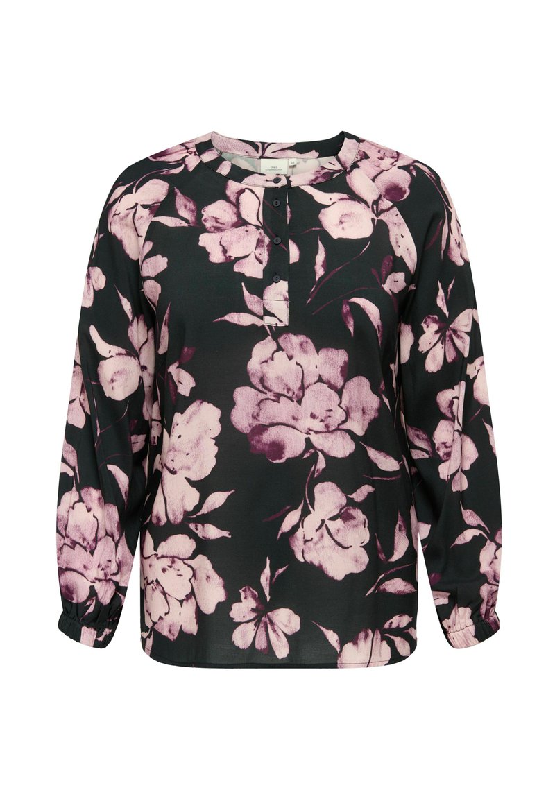 Lilleline pika varrukaga pluus, millel on must taust, suured roosad lilled ja nööbitav kaelus. Materjal tundub pehme ja veidi läikiv.