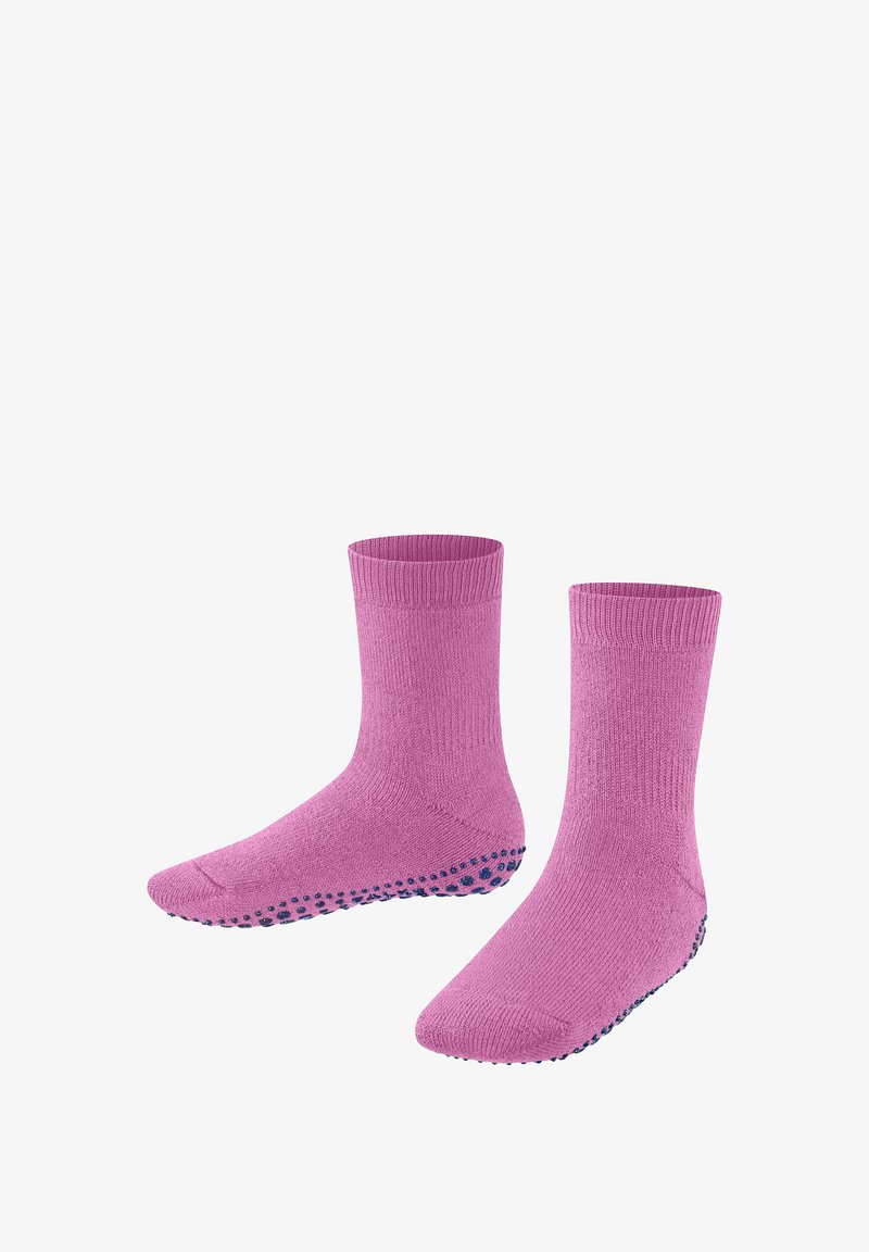 Rosa Baumwollsocken mit gerippten Bündchen und rutschfestem marineblauem Punktmuster auf den Sohlen, mit einem klassischen Crew-Socken-Design.