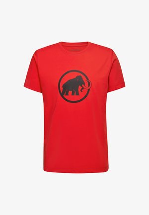 T-shirt di cotone rosso con logo di mammut nero all'interno di un cerchio, maniche corte e scollatura classica girocollo.