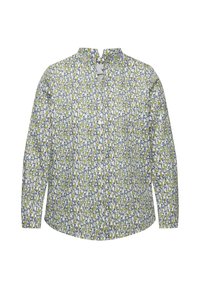 Camisa de manga larga de tela blanca con un colorido estampado floral y de animales. Presenta un cuello con muesca y un cierre frontal de botones.