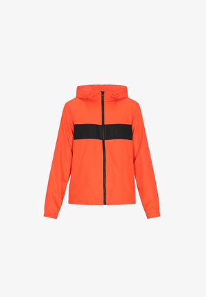 Orange Kapuzenjacke mit einem schwarzen Horizontalstreifen über der Brust, Reißverschluss und elastischen Bündchen für einen sicheren Sitz. Leichtes, wasserabweisendes Material.