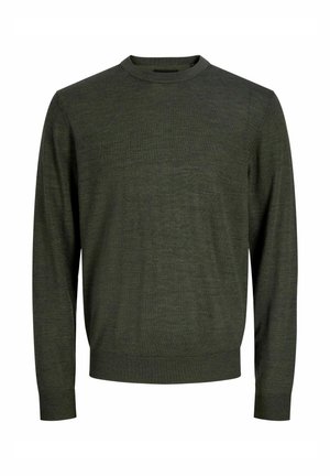 Pull vert à col rond en tissu doux et texturé. Il possède des manches longues et un ourlet côtelé pour une finition ajustée. Design simple et polyvalent.