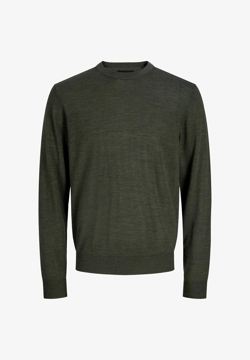 Pull vert à col rond en tissu doux et texturé. Il possède des manches longues et un ourlet côtelé pour une finition ajustée. Design simple et polyvalent.
