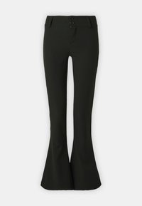 Black flared pants made of smooth fabric, featuring a high waist with two button closures and a streamlined silhouette.