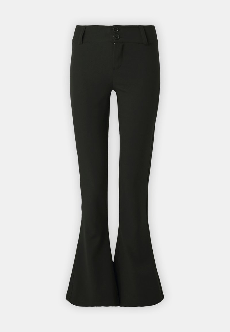 Schwarze Schlaghosen aus glattem Stoff, mit hoher Taille und zwei Knopfverschluss sowie einer schlanken Silhouette.