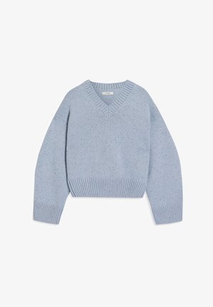 Helles blaues, verkürztes Sweatshirt mit V-Ausschnitt, aus weichem Strickmaterial, mit gerippten Bündchen und Saum, das ein gesprenkeltes Muster aufweist.