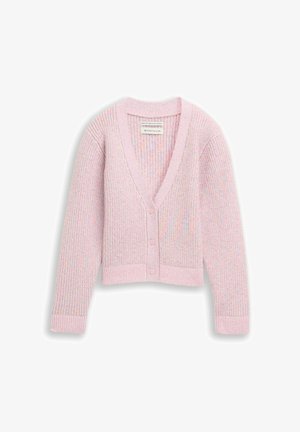 Cardigan en maille côtelée rose clair avec col en V, trois boutons sur le devant et manches longues, fabriqué à partir de matériaux recyclés par Tom Tailor.