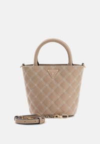 Beige handtas van gestructureerd synthetisch materiaal, met een geruit patroon in ruitvorm, twee korte handvatten en een afneembare schouderriem.