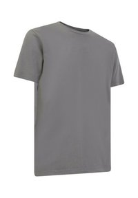 T-shirt grigia a maniche corte realizzata in cotone morbido. Presenta un colletto rotondo e una vestibilità rilassata con una texture liscia.