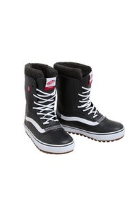 Black leather snow boots with white laces, shearling lining, and rubber soles. Features Vans logo and white side stripe design.