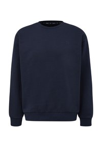 Felpa blu navy realizzata in tessuto morbido, caratterizzata da un collo rotondo, maniche lunghe e polsini a coste. Design minimalista con un logo discreto.