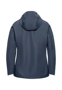 Navy blue waterproof jacket with hood, displayed from the back, showing long sleeves and smooth fabric.