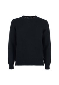 Maglione nero a maglia con collo rotondo, maniche lunghe, polsini e orlo a costine. Presenta un'etichetta con logo sul lato. Texture morbida, design classico.
