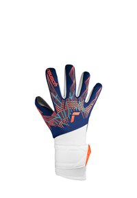 Torwart-Handschuhe in Marineblau mit lebhaften orangefarbenen und grünen Blattmustern. Verfügt über ein gepolstertes weißes Handgelenkband für Unterstützung und Stabilität.