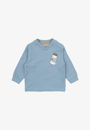 Helles blaues Langarmshirt mit Rundhalsausschnitt, das auf der Vorderseite ein Milchflaschenmotiv zeigt. Aus weichem Baumwollmaterial, mit Druckknopfverschluss an der Schulter.