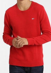 Roter Strickpullover mit Rundhalsausschnitt, gerippten Bündchen und Saum, mit einem kleinen Logo auf der linken Brustseite. Getragen über dunkelblauen Jeans.