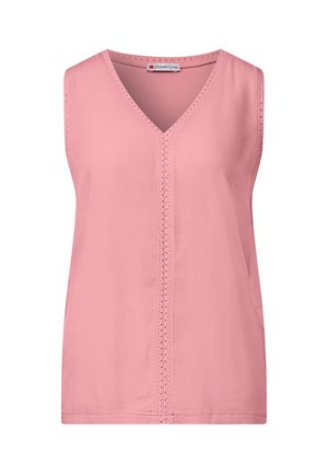 Top sin mangas de color rosa con escote en V, que presenta costuras decorativas en el frente y una textura suave y lisa. Diseño simple y casual para el clima cálido.