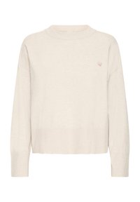 Svetlo bež pulover z okroglim izrezom, dolgimi rokavi in rebrastimi manšetami. Na prsih ima majhen rožnati vezen srček. Mehka tekstura.