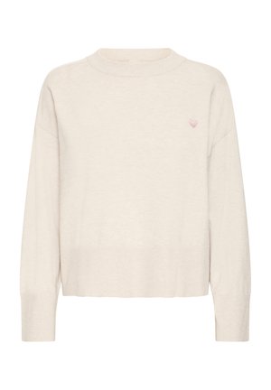 Pull beige clair avec un col rond, manches longues et poignets côtelés. Comprend une petite broderie de cœur rose sur la poitrine. Texture douce.