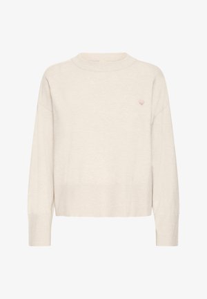 Világosbézs pulóver környakkal, hosszú ujjakkal és bordázott mandzsettával. A mellrészen kis rózsaszín szív hímzés díszíti. Puha tapintású.