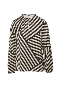 Schwarz-weiße Bluse mit geometrischem Streifenmuster, rundem Ausschnitt und langen Ärmeln mit gerafften Manschetten. Glatte Stofftextur.