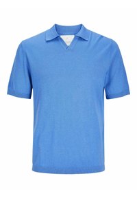 Blå kortärmad polo t-shirt tillverkad av mjukt, lättviktigt tyg. Har en v-ringning, krage och ribbade mudd och nederkant.