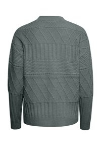 Knitted sweater in gray with a textured pattern, featuring diamond and ribbed designs across the back and sleeves.