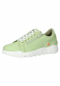 Light green leather sneaker with white laces and chunky, wavy white sole. Features a zippered side and an orange logo detail.