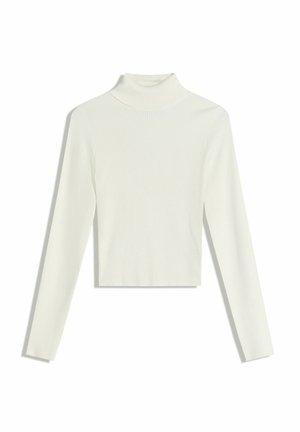 White ribbed turtleneck sweater with long sleeves and a cropped hem. Fabric appears soft with a textured pattern.