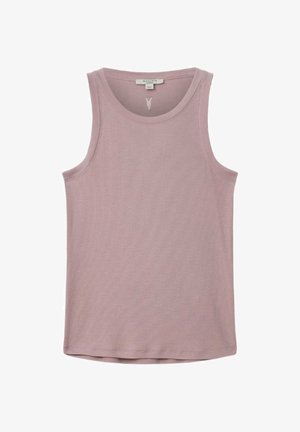 Camiseta sin mangas de color rosa claro fabricada con tela acanalada, que presenta un escote redondo y un dobladillo recto con un acabado limpio.
