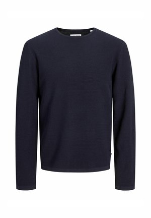 Pull bleu marine à col rond avec un motif tricoté texturé, manches longues et ourlet droit. Étiquette visible en bas à gauche.
