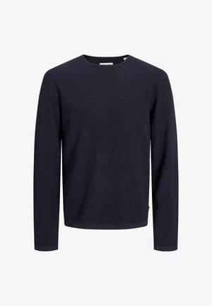 Pull bleu marine à col rond avec un motif tricoté texturé, manches longues et ourlet droit. Étiquette visible en bas à gauche.