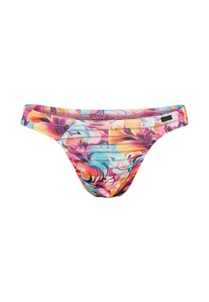 Kleurrijke bikini onderkant met bloemmotief in tinten roze, oranje, blauw en paars op een witte achtergrond, met een klein merketiket aan de zijkant.
