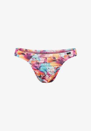 Kleurrijke bikini onderkant met bloemmotief in tinten roze, oranje, blauw en paars op een witte achtergrond, met een klein merketiket aan de zijkant.