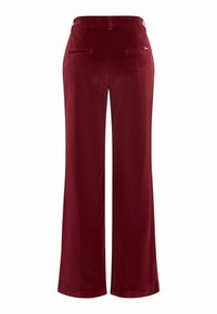 Velvet wijduitlopende broek in diep bordeauxrood met een gladde textuur, twee achterzakken en subtiele stikdetails.