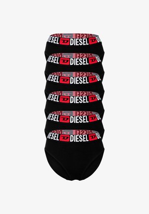 Schwarze Baumwollunterwäsche mit breitem elastischen Bund, verziert mit rot-weißer "DIESEL"-Markierung. Klassischer Slip-Schnitt mit glatter Textur.