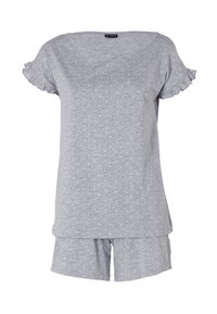 Set di pigiama corto grigio a maniche corte con pois. Presenta maniche arricciate e una parte superiore larga. Realizzato in materiale morbido e leggero. Include pantaloni corti abbinati.