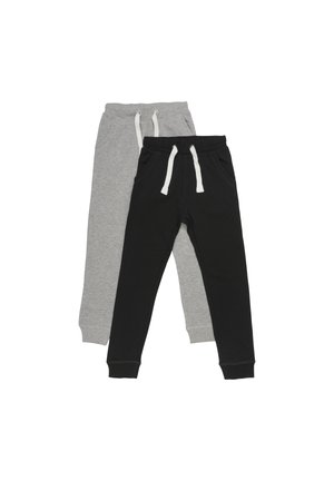 To par børnejoggingbukser, et sort og et gråt, begge med hvide snore og elastiske manchetter, lagt fladt med overlap.